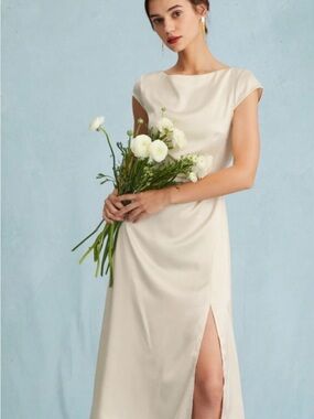RIHOAS Cream Satin Maxi Dress with Side Slit